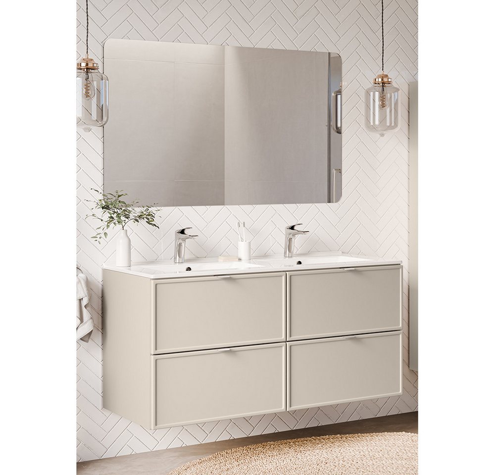Lomadox Badmöbel-Set BIBIONE-56, (Spar-Set, 2-St., Spiegel Doppelwaschtisch), in kaschmir & Eiche, 120 cm Unterschrank mit 2 Waschbecken von Lomadox