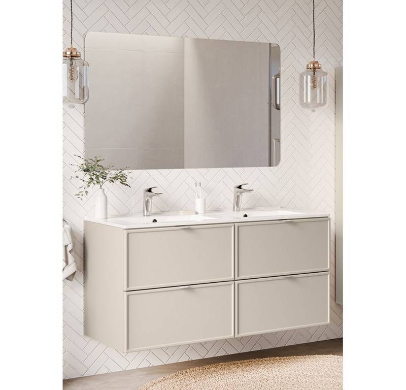 Lomadox Badmöbel-Set BIBIONE-56, (Spar-Set, 2-St., Spiegel Doppelwaschtisch), in kaschmir & Eiche, 120 cm Unterschrank mit 2 Waschbecken von Lomadox