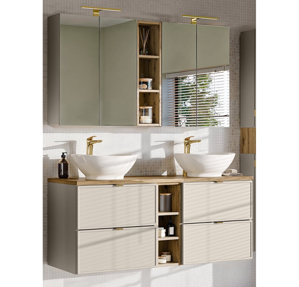 Lomadox Badmöbel-Set BIBIONE-56, (Spar-Set, 2-St., Spiegelschrank Doppelwaschtisch), in kaschmir & Eiche, 140 cm Unterschrank mit 2 Waschbecken von Lomadox