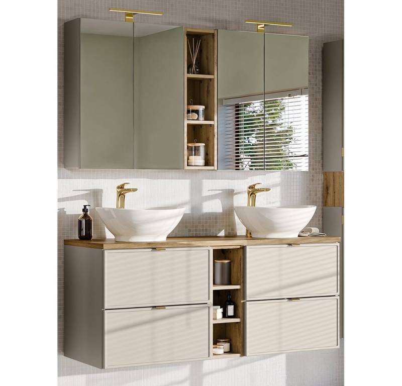 Lomadox Badmöbel-Set BIBIONE-56, (Spar-Set, 2-St., Spiegelschrank Doppelwaschtisch), in kaschmir & Eiche, 140 cm Unterschrank mit 2 Waschbecken von Lomadox
