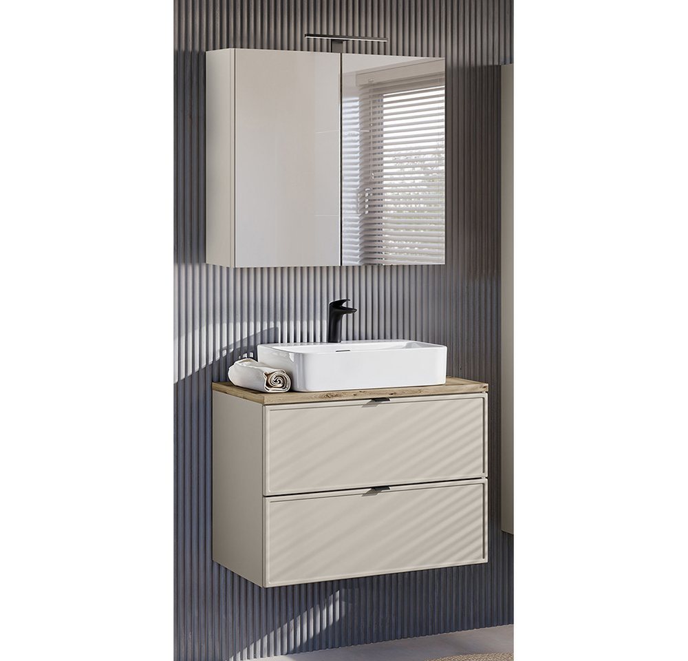 Lomadox Badmöbel-Set BIBIONE-56, (Spar-Set, 2-St., Spiegelschrank Waschtisch), in kaschmir & Eiche, 80 cm Unterschrank mit Aufsatzwaschbecken von Lomadox