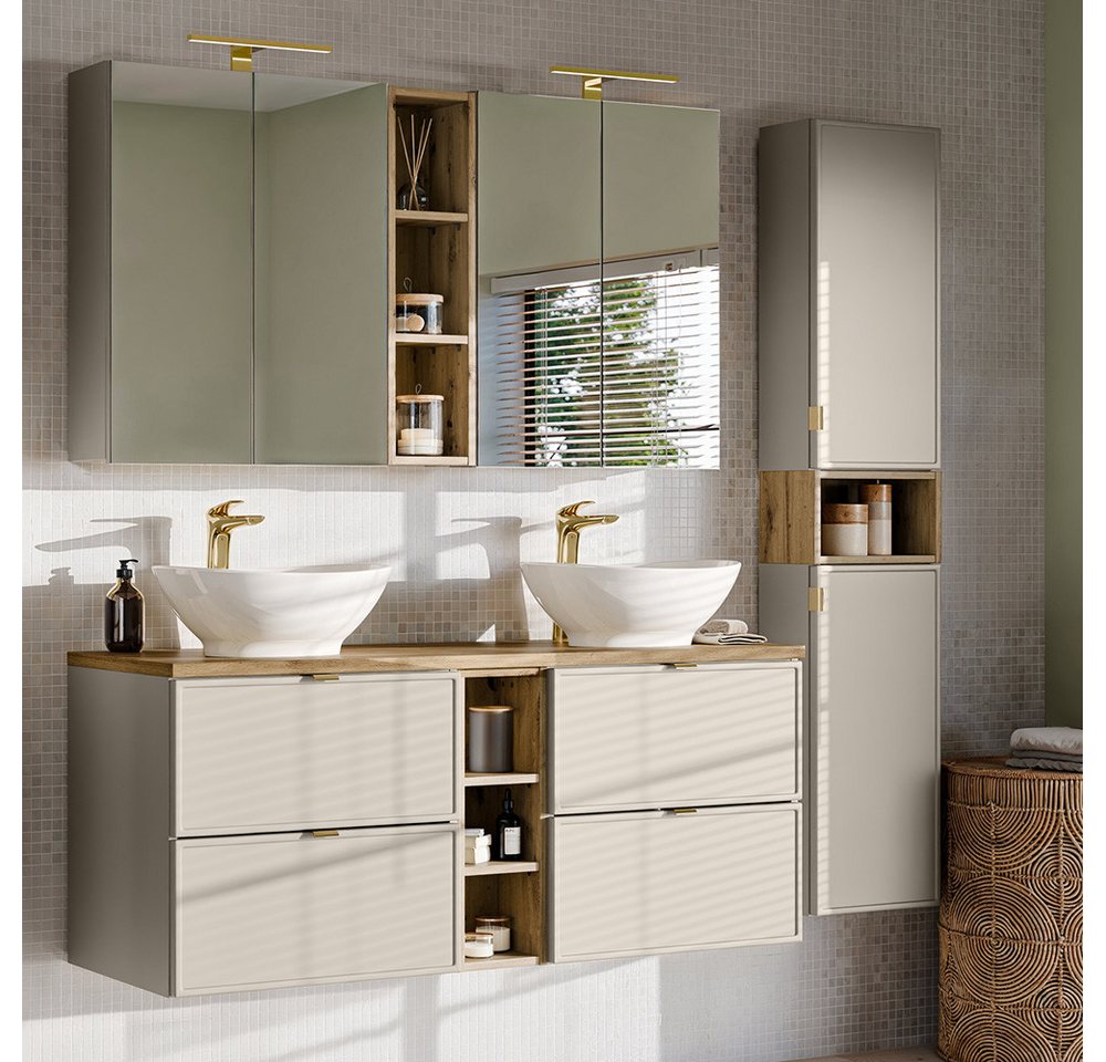 Lomadox Badmöbel-Set BIBIONE-56, (Spar-Set, 3-St., Spiegelschrank Doppelwaschtisch Hochschrank), in kaschmir & Eiche, 140 cm Unterschrank mit 2 Waschbecken von Lomadox