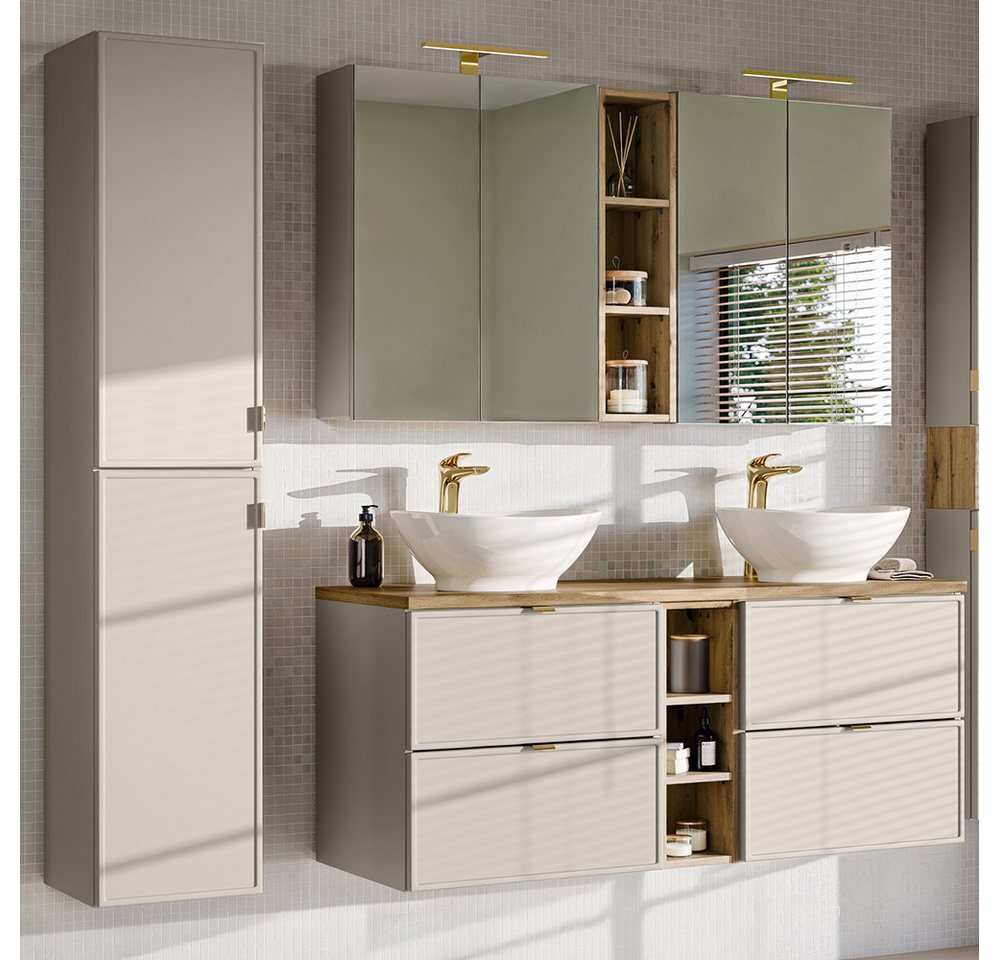Lomadox Badmöbel-Set BIBIONE-56, (Spar-Set, 3-St., Spiegelschrank Doppelwaschtisch Hochschrank), in kaschmir & Eiche, 140 cm Unterschrank mit 2 Waschbecken von Lomadox