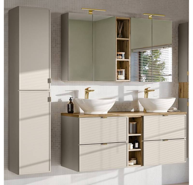 Lomadox Badmöbel-Set BIBIONE-56, (Spar-Set, 3-St., Spiegelschrank Doppelwaschtisch Hochschrank), in kaschmir & Eiche, 140 cm Unterschrank mit 2 Waschbecken von Lomadox