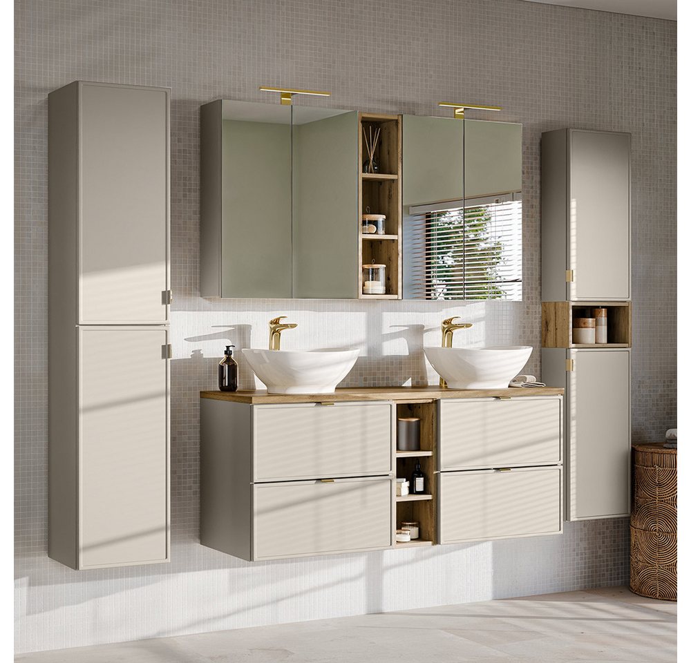 Lomadox Badmöbel-Set BIBIONE-56, (Spar-Set, 4-St., Spiegelschrank Doppelwaschtisch Hochschränke), in kaschmir & Eiche, 140 cm Unterschrank mit 2 Waschbecken von Lomadox