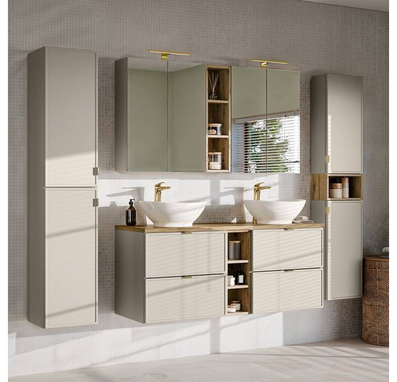 Lomadox Badmöbel-Set BIBIONE-56, (Spar-Set, 4-St., Spiegelschrank Doppelwaschtisch Hochschränke), in kaschmir & Eiche, 140 cm Unterschrank mit 2 Waschbecken von Lomadox