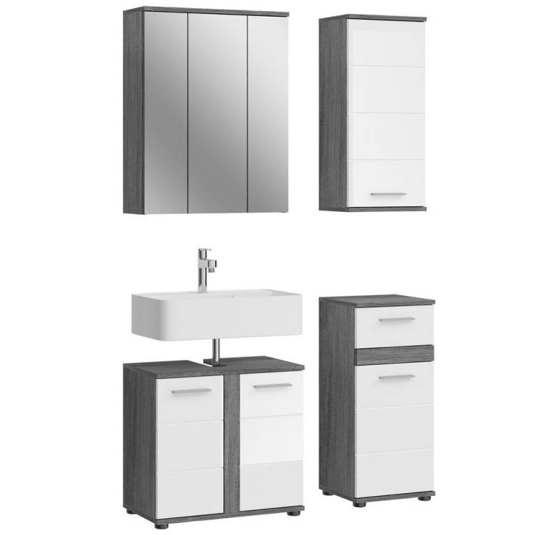 Lomadox Badmöbel-Set BREST-158, (Spar-Set, 4-St., Spiegelschrank Hängeschrank Badkommode), Badkombination 4-teilig weiß mit grau von Lomadox