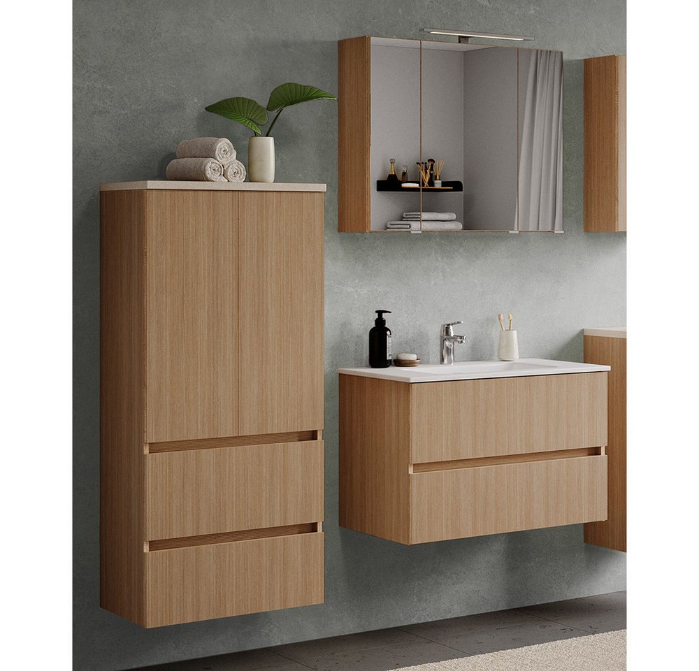 Lomadox Badmöbel-Set BROBY-03, (Spar-Set, 3-St., Midischrank Spiegelschrank Waschtisch), in Eiche mit Sandsteinoptik, inkl. LED-Leuchte, stehend/hängend von Lomadox