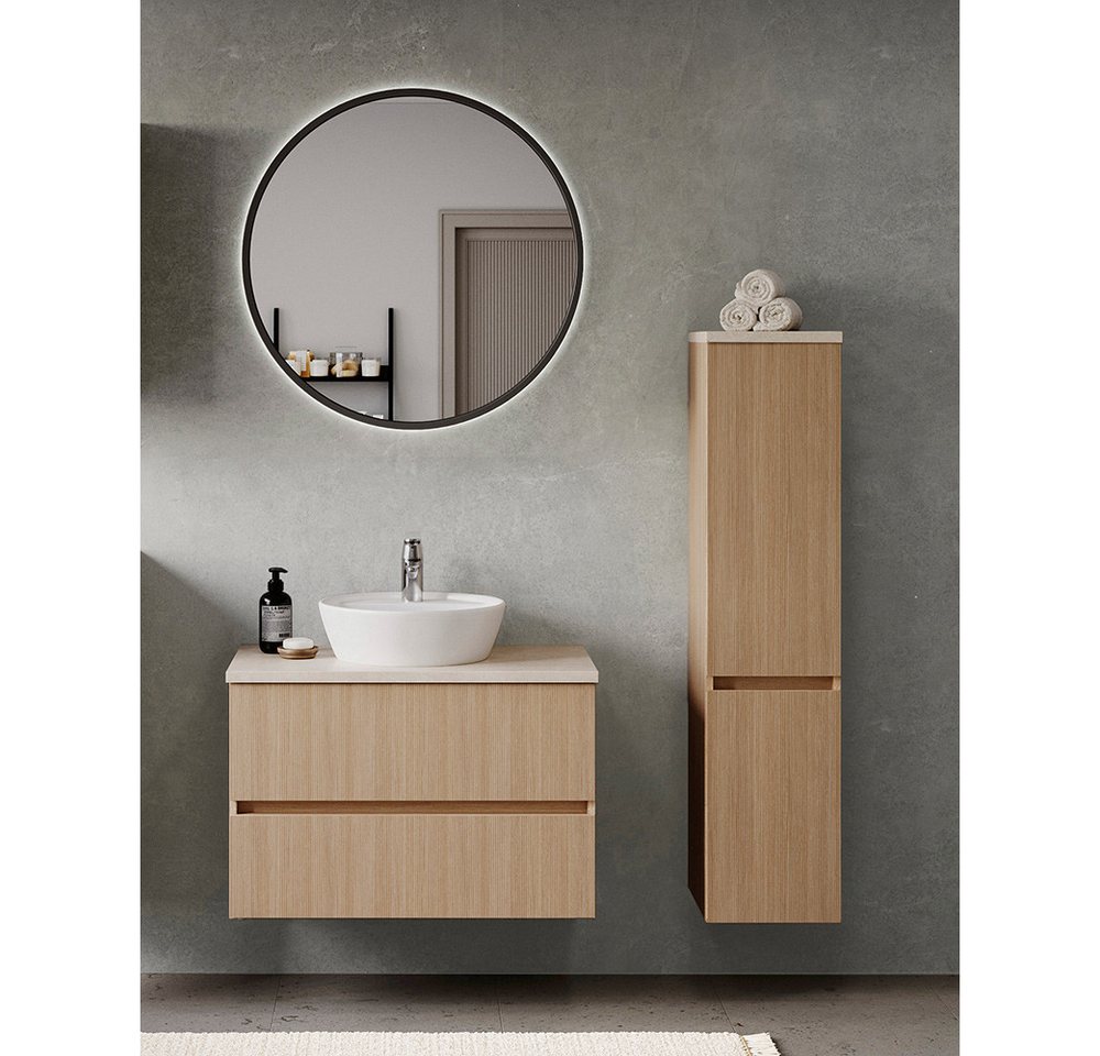 Lomadox Badmöbel-Set BROBY-03, (Spar-Set, 3-St., Spiegel Waschtisch Midischrank), in Eiche mit Sandsteinoptik, inkl. LED-Leuchte, stehend/hängend von Lomadox