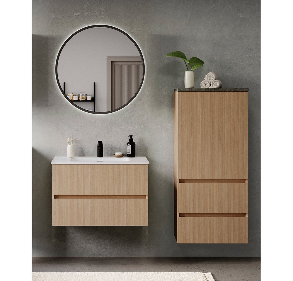 Lomadox Badmöbel-Set BROBY-03, (Spar-Set, 3-St., Spiegel Waschtisch Midischrank), in Eiche mit Sandsteinoptik, inkl. LED-Leuchte, stehend/hängend von Lomadox