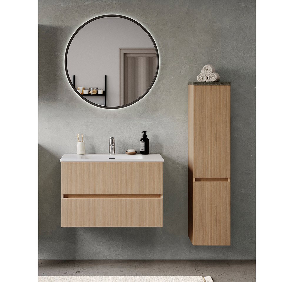 Lomadox Badmöbel-Set BROBY-03, (Spar-Set, 3-St., Spiegel Waschtisch Midischrank), in Eiche mit Sandsteinoptik, inkl. LED-Leuchte, stehend/hängend von Lomadox