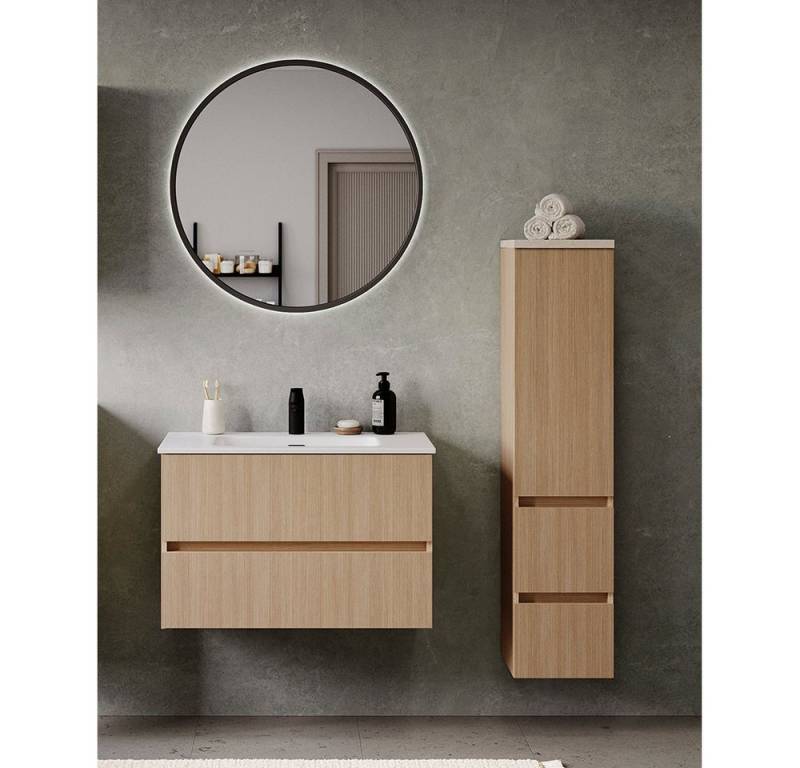Lomadox Badmöbel-Set BROBY-03, (Spar-Set, 3-St., Spiegel Waschtisch Midischrank), in Eiche mit Sandsteinoptik, inkl. LED-Spiegel, stehend/hängend von Lomadox