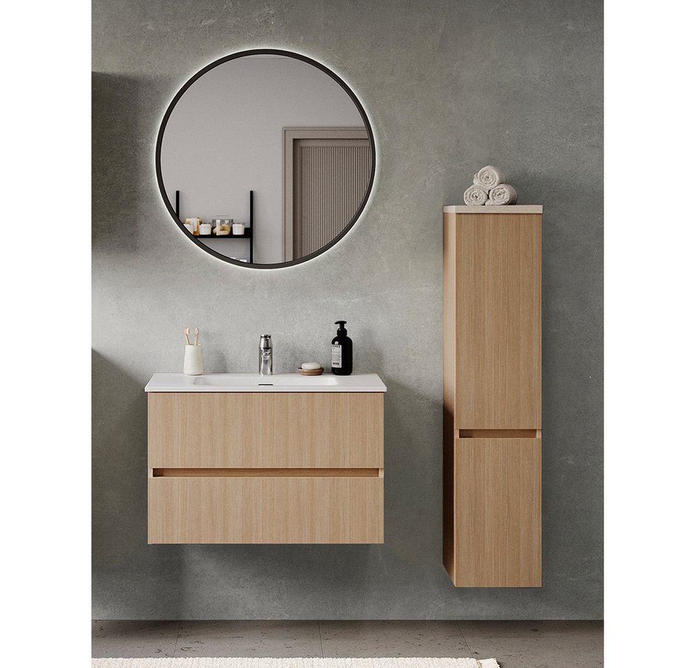 Lomadox Badmöbel-Set BROBY-03, (Spar-Set, 3-St., Spiegel Waschtisch Midischrank), in Eiche mit Sandsteinoptik, inkl. LED-Spiegel, stehend/hängend von Lomadox