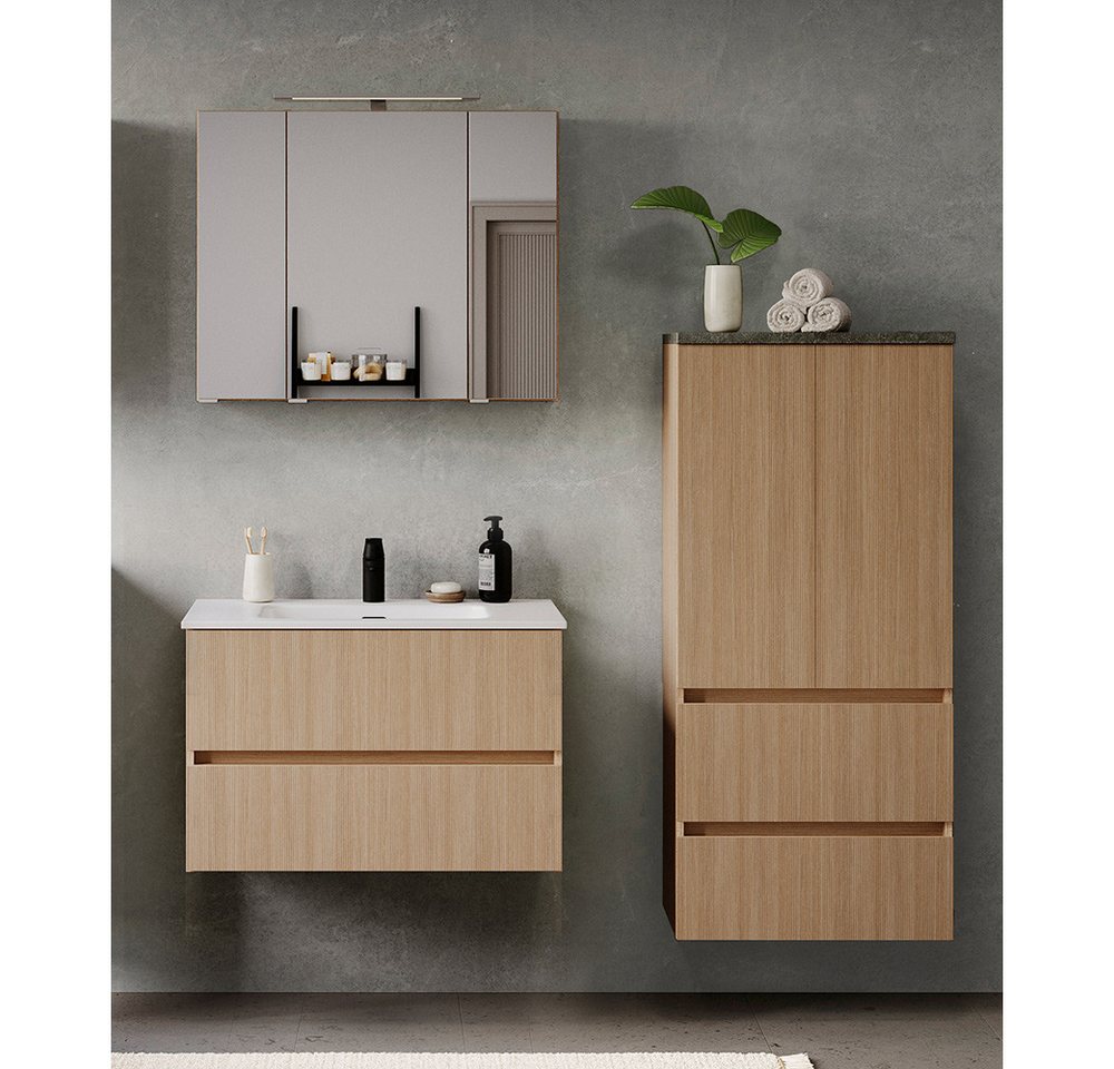 Lomadox Badmöbel-Set BROBY-03, (Spar-Set, 3-St., Spiegelschrank Waschtisch Midischrank), in Eiche mit Sandsteinoptik, inkl. LED-Leuchte, stehend/hängend von Lomadox