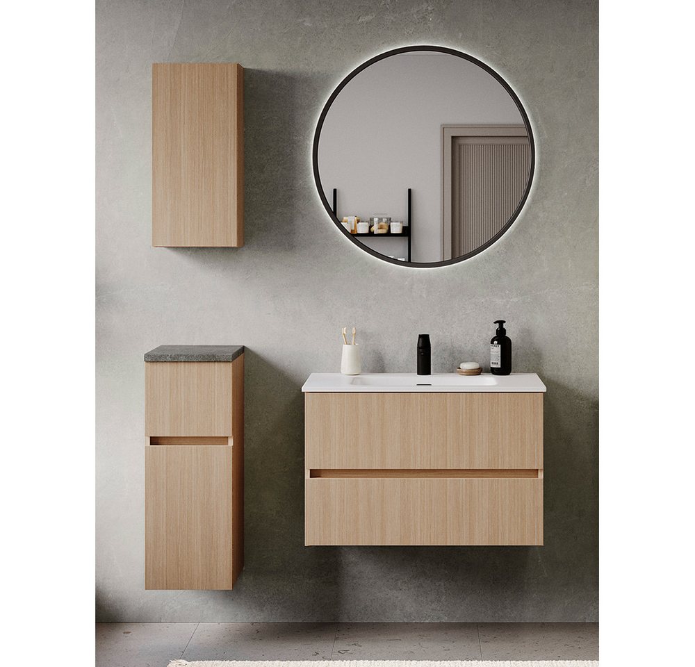 Lomadox Badmöbel-Set BROBY-03, (Spar-Set, 4-St., Hängeschrank Unterschrank Spiegel Waschtisch), in Eiche mit Sandsteinoptik, inkl. LED-Leuchte, stehend/hängend von Lomadox