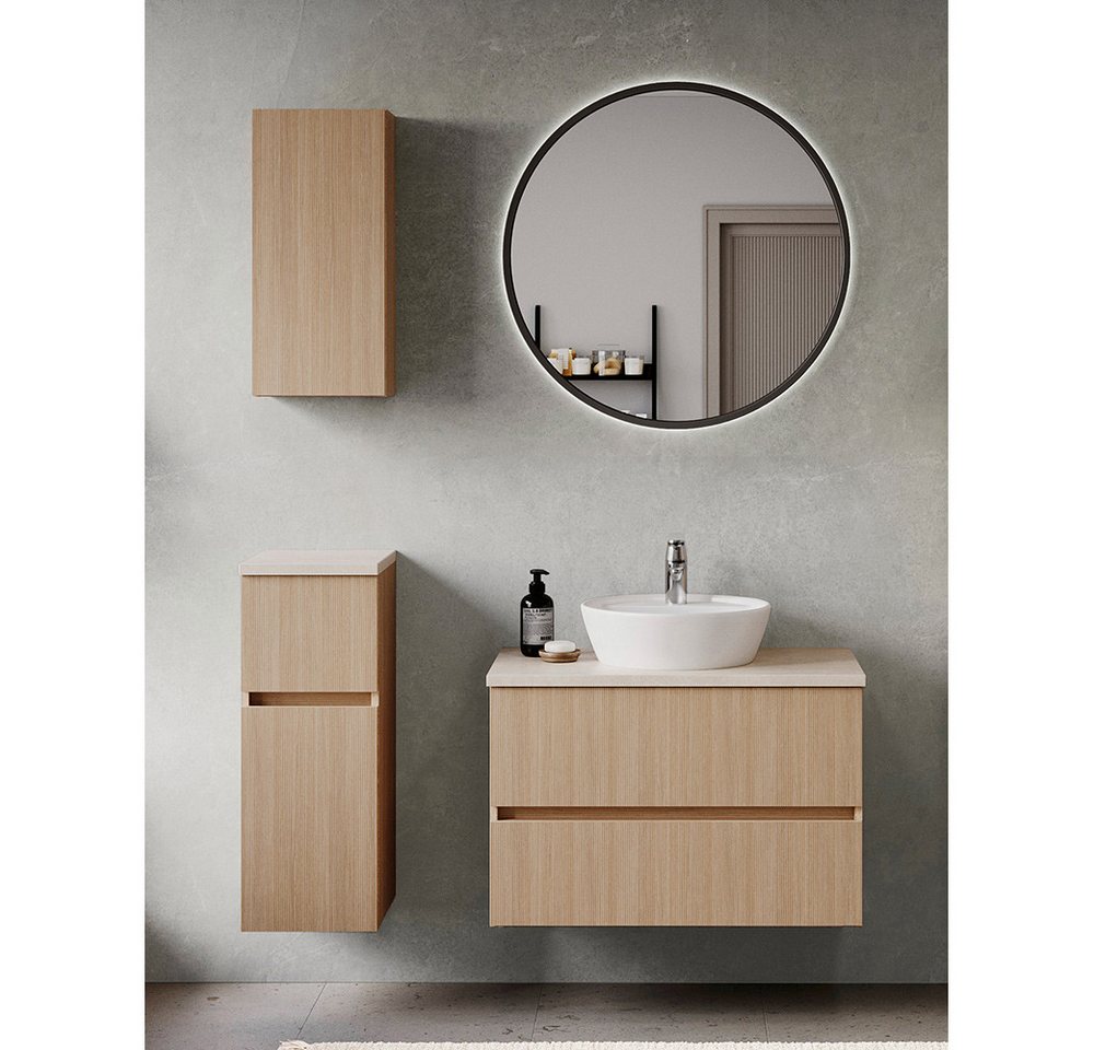 Lomadox Badmöbel-Set BROBY-03, (Spar-Set, 4-St., Hängeschrank Unterschrank Spiegel Waschtisch), in Eiche mit Sandsteinoptik, inkl. LED-Leuchte, stehend/hängend von Lomadox