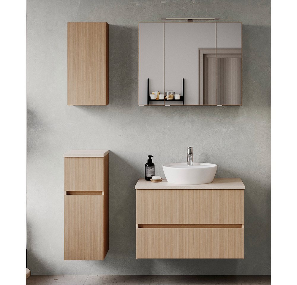 Lomadox Badmöbel-Set BROBY-03, (Spar-Set, 4-St., Hängeschrank Unterschrank Spiegelschrank Waschtisch), in Eiche mit Sandsteinoptik, inkl. LED-Leuchte, stehend/hängend von Lomadox