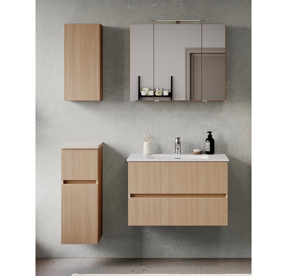 Lomadox Badmöbel-Set BROBY-03, (Spar-Set, 4-St., Hängeschrank Unterschrank Spiegelschrank Waschtisch), in Eiche mit Sandsteinoptik, inkl. LED-Leuchte, stehend/hängend von Lomadox