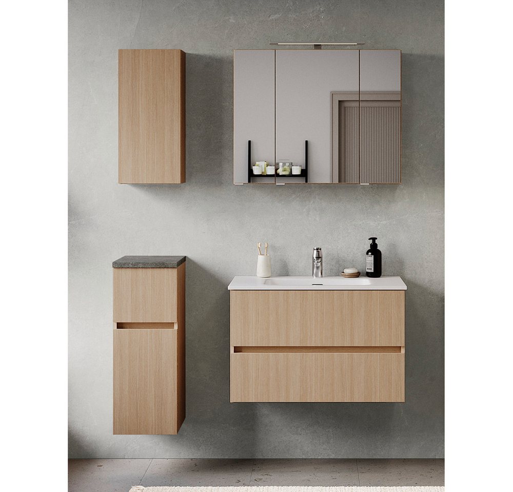 Lomadox Badmöbel-Set BROBY-03, (Spar-Set, 4-St., Hängeschrank Unterschrank Spiegelschrank Waschtisch), in Eiche mit Sandsteinoptik, inkl. LED-Leuchte, stehend/hängend von Lomadox
