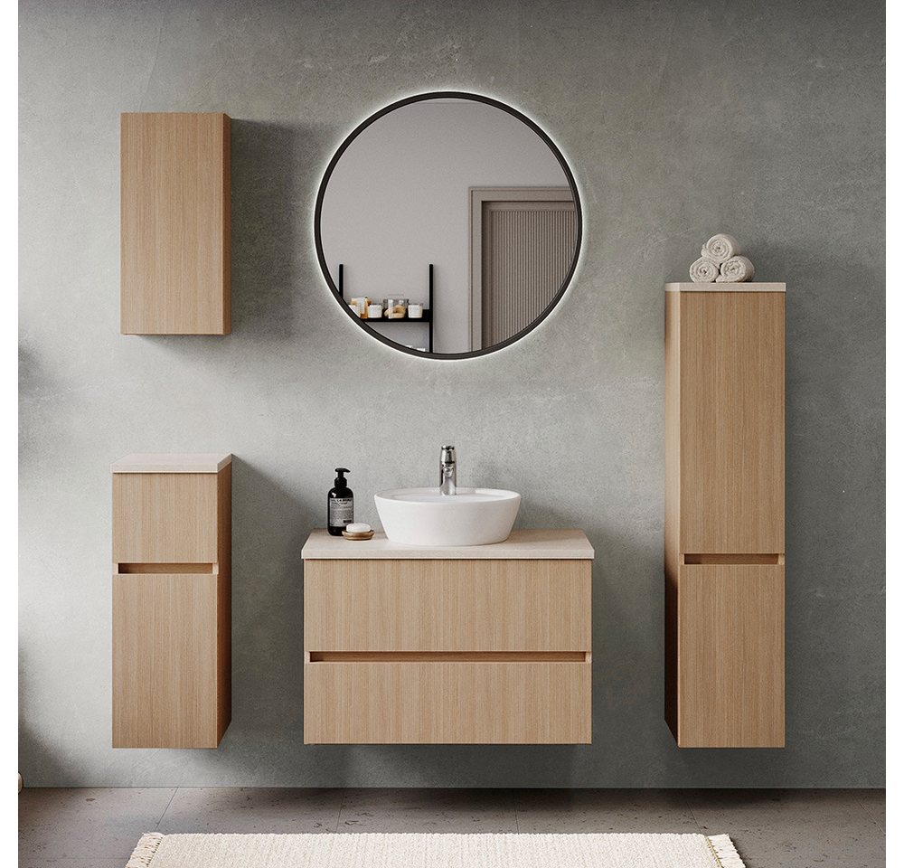 Lomadox Badmöbel-Set BROBY-03, (Spar-Set, 5-St., Hängeschrank Unterschrank Spiegel Waschtisch Midischrank), in Eiche mit Sandsteinoptik, inkl. LED-Leuchte, stehend/hängend von Lomadox