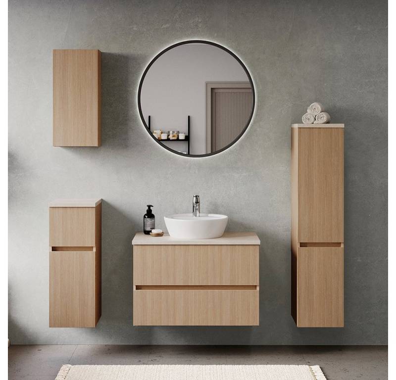 Lomadox Badmöbel-Set BROBY-03, (Spar-Set, 5-St., Hängeschrank Unterschrank Spiegel Waschtisch Midischrank), in Eiche mit Sandsteinoptik, inkl. LED-Leuchte, stehend/hängend von Lomadox