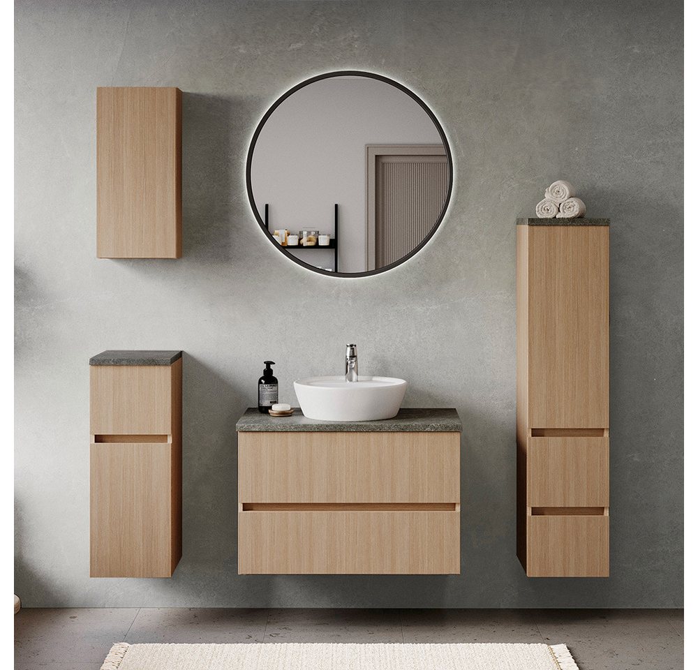 Lomadox Badmöbel-Set BROBY-03, (Spar-Set, 5-St., Hängeschrank Unterschrank Spiegel Waschtisch Midischrank), in Eiche mit Sandsteinoptik, inkl. LED-Spiegel, stehend/hängend von Lomadox