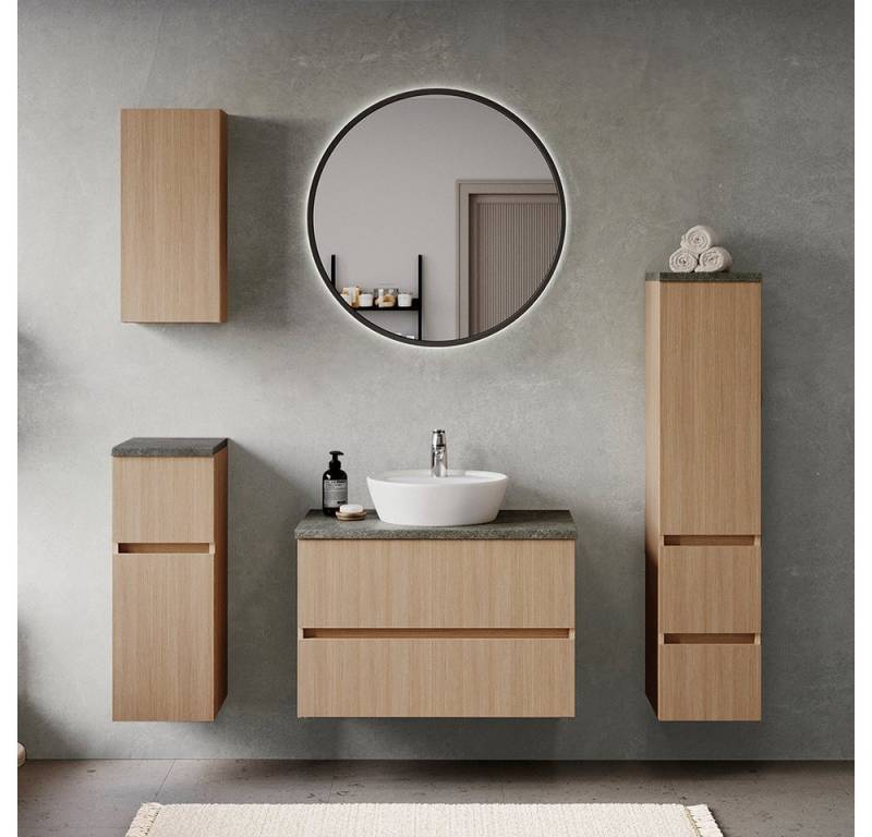 Lomadox Badmöbel-Set BROBY-03, (Spar-Set, 5-St., Hängeschrank Unterschrank Spiegel Waschtisch Midischrank), in Eiche mit Sandsteinoptik, inkl. LED-Spiegel, stehend/hängend von Lomadox