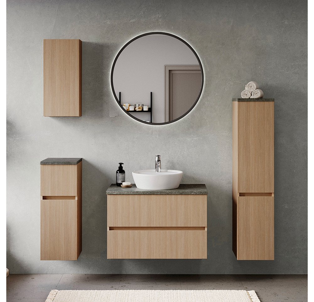 Lomadox Badmöbel-Set BROBY-03, (Spar-Set, 5-St., Hängeschrank Unterschrank Spiegel Waschtisch Midischrank), in Eiche mit Sandsteinoptik, inkl. LED-Spiegel, stehend/hängend von Lomadox