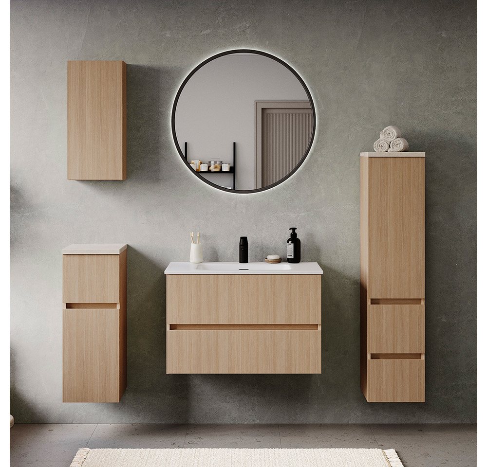 Lomadox Badmöbel-Set BROBY-03, (Spar-Set, 5-St., Hängeschrank Unterschrank Spiegel Waschtisch Midischrank), in Eiche mit Sandsteinoptik, inkl. LED-Spiegel, stehend/hängend von Lomadox