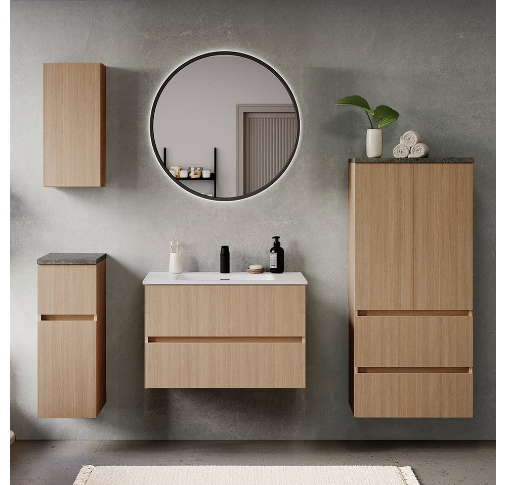 Lomadox Badmöbel-Set BROBY-03, (Spar-Set, 5-St., Hängeschrank Unterschrank Spiegel Waschtisch Midischrank), in Eiche mit Sandsteinoptik, inkl. LED-Spiegel, stehend/hängend von Lomadox