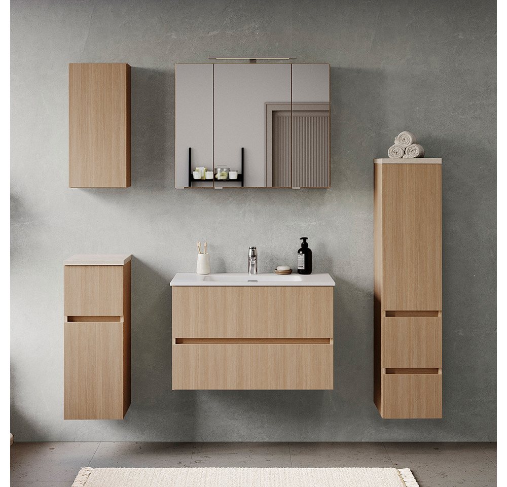 Lomadox Badmöbel-Set BROBY-03, (Spar-Set, 5-St., Hängeschrank Unterschrank Spiegelschrank Waschtisch Midischrank), in Eiche hell mit Sandsteinoptik, inkl. LED-Aufsatzleuchte von Lomadox