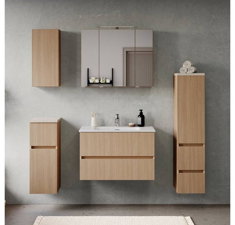 Lomadox Badmöbel-Set BROBY-03, (Spar-Set, 5-St., Hängeschrank Unterschrank Spiegelschrank Waschtisch Midischrank), in Eiche hell mit Sandsteinoptik, inkl. LED-Aufsatzleuchte von Lomadox