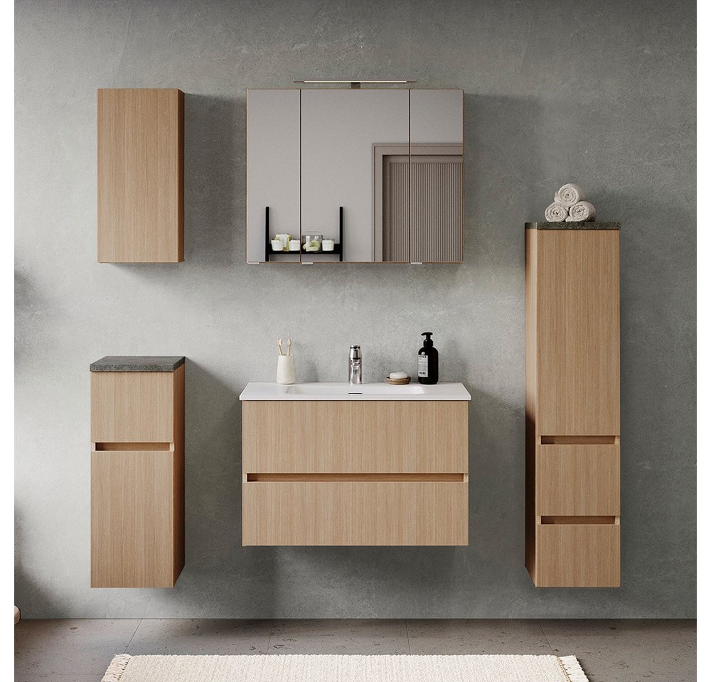 Lomadox Badmöbel-Set BROBY-03, (Spar-Set, 5-St., Hängeschrank Unterschrank Spiegelschrank Waschtisch Midischrank), in Eiche hell mit Steinoptik dunkel, inkl. LED-Aufsatzleuchte von Lomadox