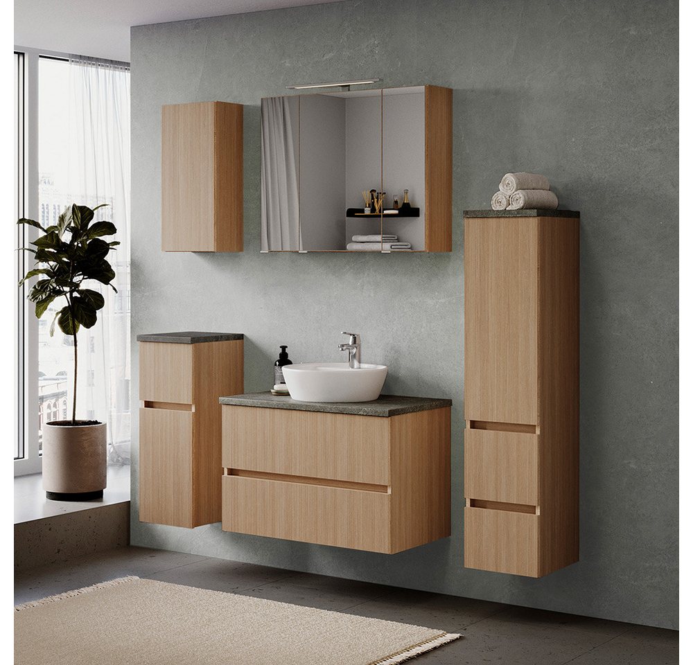 Lomadox Badmöbel-Set BROBY-03, (Spar-Set, 5-St., Hängeschrank Unterschrank Spiegelschrank Waschtisch Midischrank), in Eiche hell mit Steinoptik dunkel, inkl. LED-Aufsatzleuchte von Lomadox