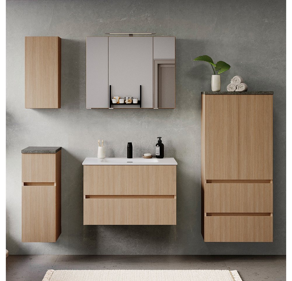 Lomadox Badmöbel-Set BROBY-03, (Spar-Set, 5-St., Hängeschrank Unterschrank Spiegelschrank Waschtisch Midischrank), in Eiche mit Sandsteinoptik, inkl. LED-Leuchte, stehend/hängend von Lomadox