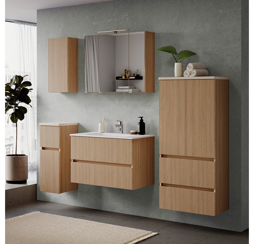 Lomadox Badmöbel-Set BROBY-03, (Spar-Set, 5-St., Hängeschrank Unterschrank Spiegelschrank Waschtisch Midischrank), in Eiche mit Sandsteinoptik, inkl. LED-Leuchte, stehend/hängend von Lomadox