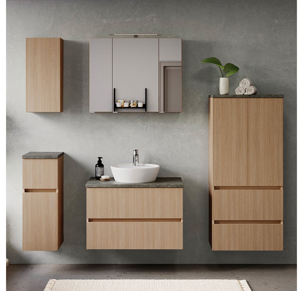 Lomadox Badmöbel-Set BROBY-03, (Spar-Set, 5-St., Hängeschrank Unterschrank Spiegelschrank Waschtisch Midischrank), in Eiche mit Sandsteinoptik, inkl. LED-Spiegel, stehend/hängend von Lomadox