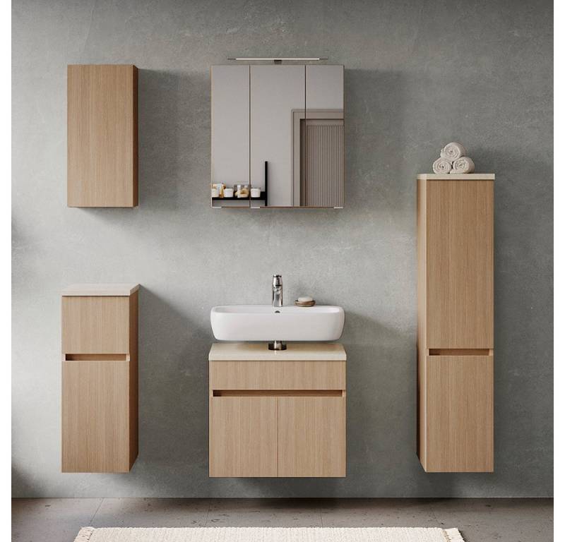 Lomadox Badmöbel-Set BROBY-03, (Spar-Set, 5-St., Wandschrank Unterschrank Spiegelschrank Waschbeckenschrank Midischrank), in Eiche hell mit Sandsteinoptik, inkl. LED-Aufsatzleuchte von Lomadox