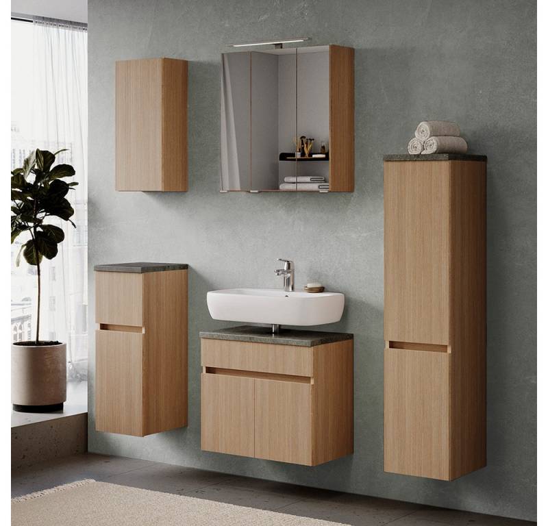 Lomadox Badmöbel-Set BROBY-03, (Spar-Set, 5-St., Wandschrank Unterschrank Spiegelschrank Waschbeckenschrank Midischrank), in Eiche hell mit Steinoptik dunkel, inkl. LED-Aufsatzleuchte von Lomadox