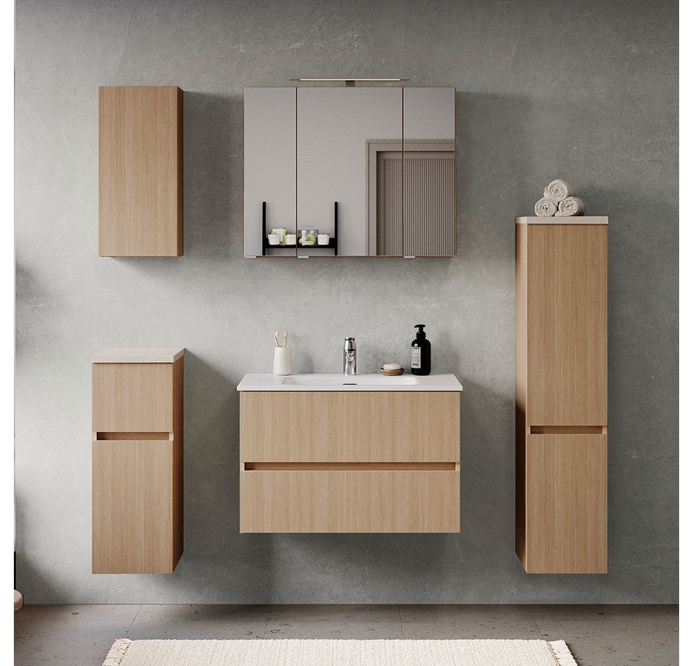 Lomadox Badmöbel-Set BROBY-03, (Spar-Set, 5-St., Wandschrank Unterschrank Spiegelschrank Waschtisch Midischrank), in Eiche hell mit Sandsteinoptik, inkl. LED-Aufsatzleuchte von Lomadox