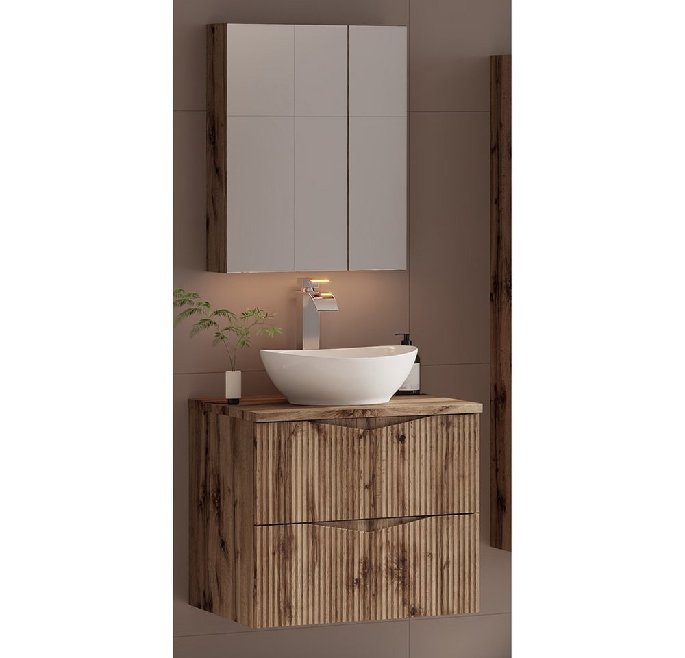 Lomadox Badmöbel-Set CALURI-140, (Spar-Set, 2-St., Spiegelschrank Waschtisch), in Eiche mit gerillter Front, grifflos, wandhängend von Lomadox