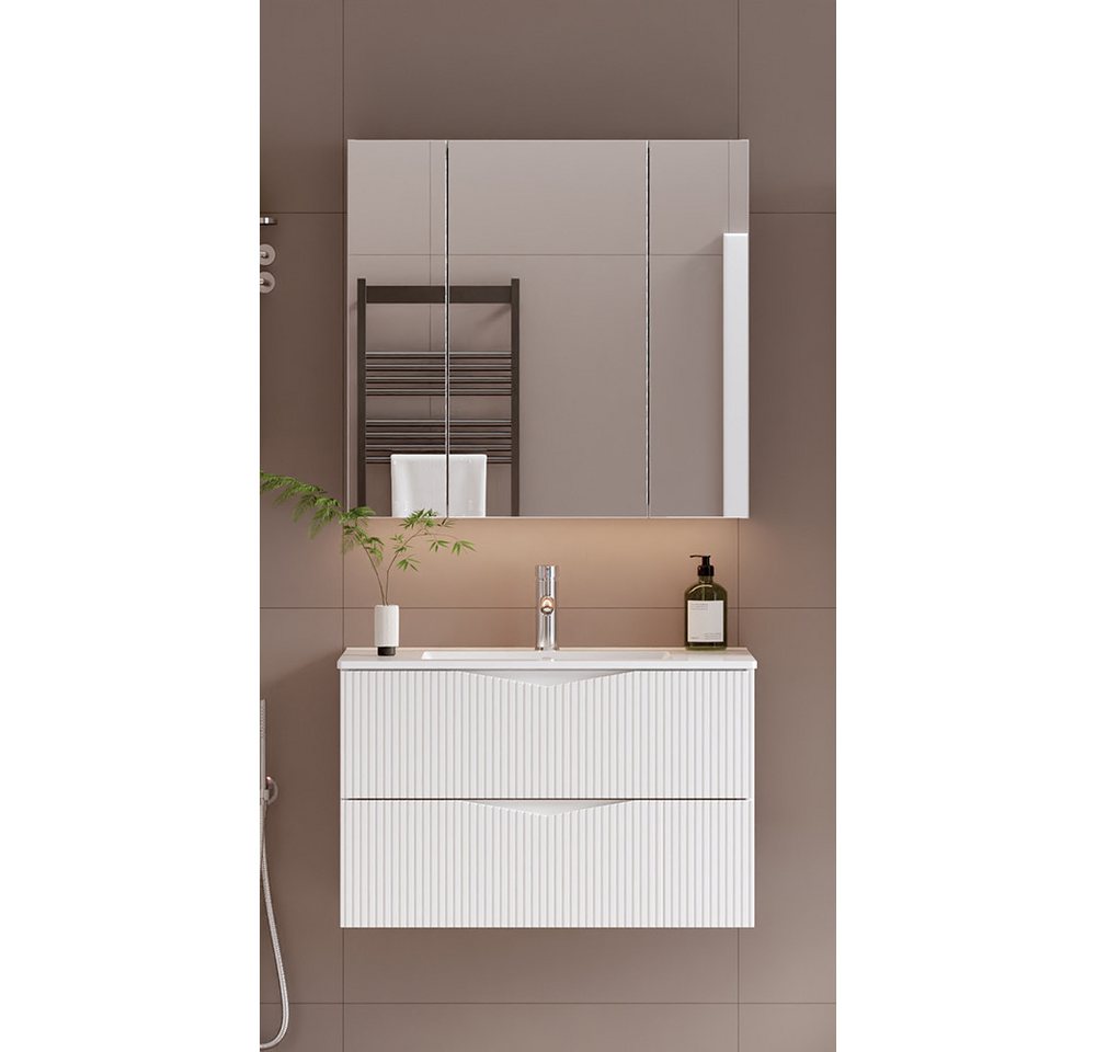 Lomadox Badmöbel-Set CALURI-140, (Spar-Set, 2-St., Spiegelschrank Waschtisch), in weiß mit gerillter Front, grifflos, wandhängend von Lomadox