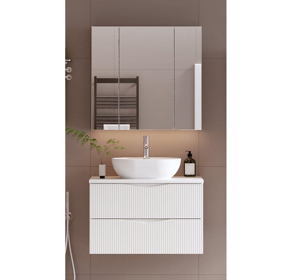 Lomadox Badmöbel-Set CALURI-140, (Spar-Set, 2-St., Spiegelschrank Waschtisch), in weiß mit gerillter Front, grifflos, wandhängend von Lomadox