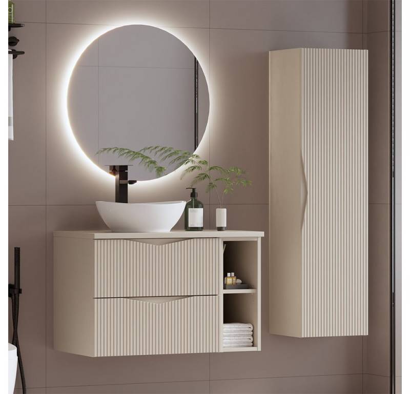 Lomadox Badmöbel-Set CALURI-140, (Spar-Set, 3-St., LED-Spiegel Waschtisch Hochschrank), in beige mit gerillter Front, grifflos, wandhängend von Lomadox