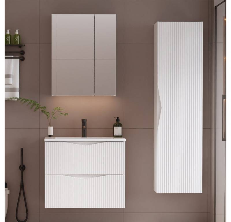 Lomadox Badmöbel-Set CALURI-140, (Spar-Set, 3-St., Spiegelschrank Waschtisch Hochschrank), in weiß mit gerillter Front, grifflos, wandhängend von Lomadox