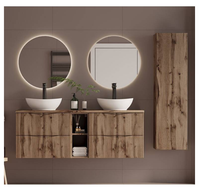 Lomadox Badmöbel-Set CALURI-140, (Spar-Set, 4-St., LED-Spiegel Doppelwaschtisch Hochschrank), in Eiche mit gerillter Front, grifflos, wandhängend von Lomadox