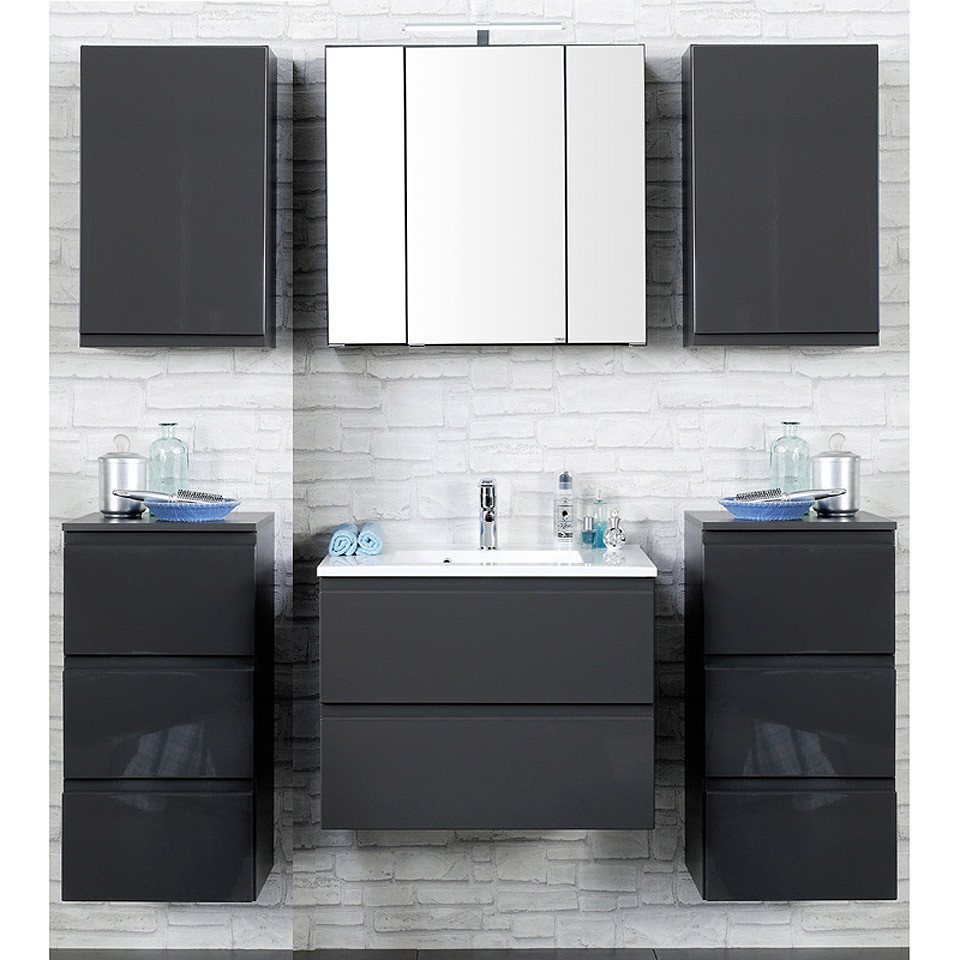 Lomadox Badmöbel-Set COMO-03, (Spar-Set, 6-St), 60 cm Waschtisch Spiegelschrank Hängeschrank Unterschrank grau Glanz von Lomadox