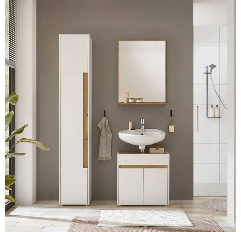 Lomadox Badmöbel-Set CRISP-61, (Spar-Set, 3-St., Waschtischunterschrank Spiegel Hochschrank), Weiß mit Eiche Nb., Siphonausschnitt, Spiegelfläche mit Ablage von Lomadox