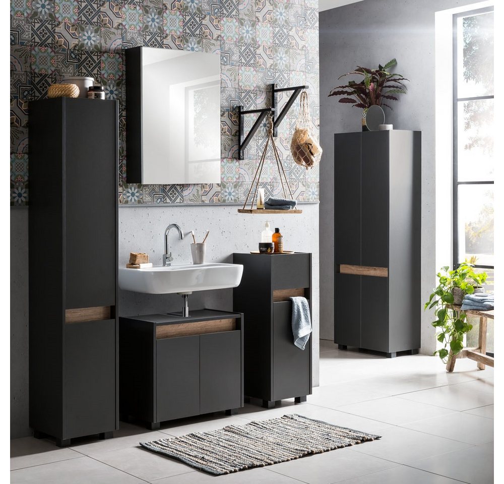 Lomadox Badmöbel-Set Corato, (Spar-Set, 5-St), Unterschrank Hochschrank Midischrank Spiegelschrank anthrazit Eiche von Lomadox