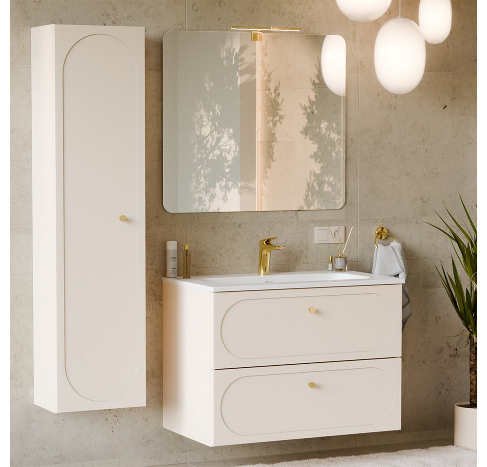 Lomadox Badmöbel-Set DESENZANO-56, (Spar-Set, 3-St., Hochschrank LED-Spiegel Waschtisch), mit 80cm Waschtisch mit Aufsatzbecken und LED-Spiegel, beige von Lomadox